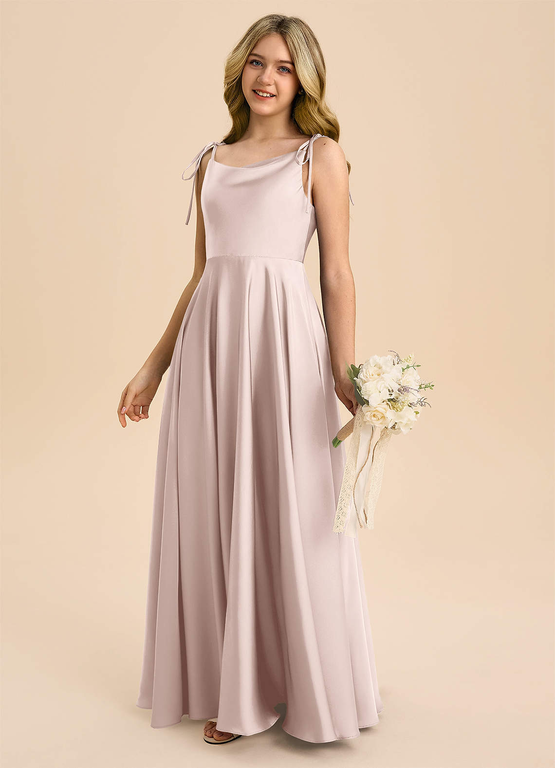 Azazie Popsy Junior Linia A Ukłon Satyna elastyczna Długość podłogi Młodsza druhna Sukienka image6