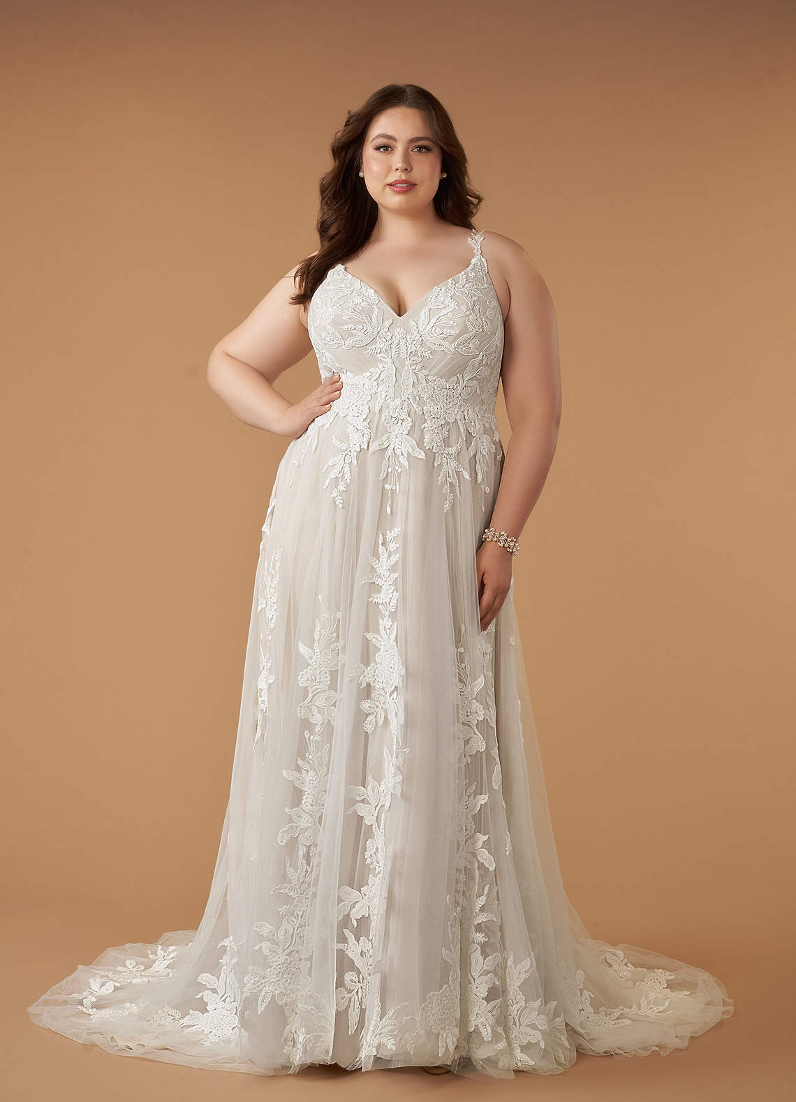 Azazie Delaina Wedding Dresses Diamond White Sand A-Line V-Neck Sequins Tulle Dress image1