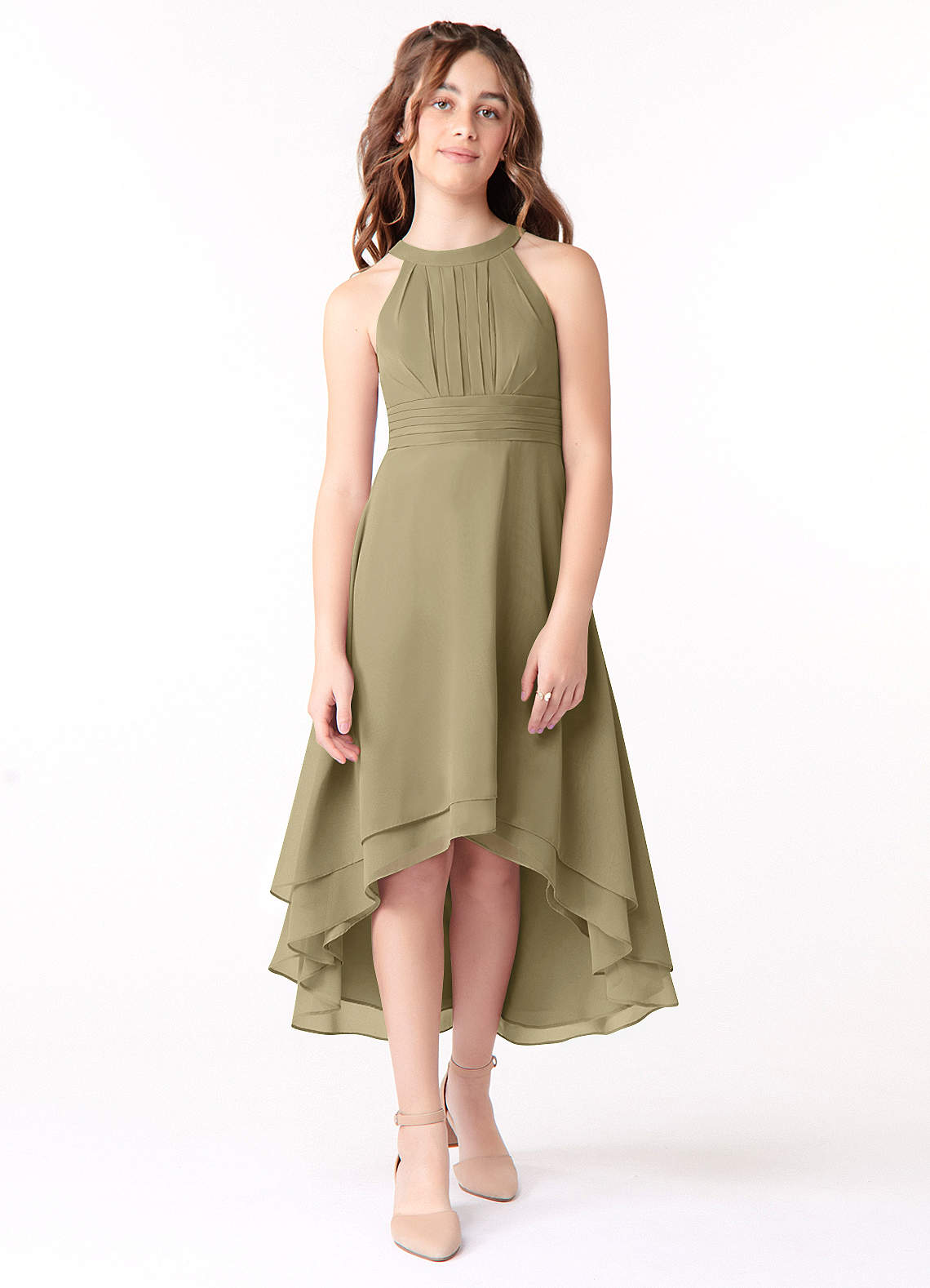 Azazie Linna Junior Vestido de Musgo Verde de Gasa de Corte En A con Plisado image1