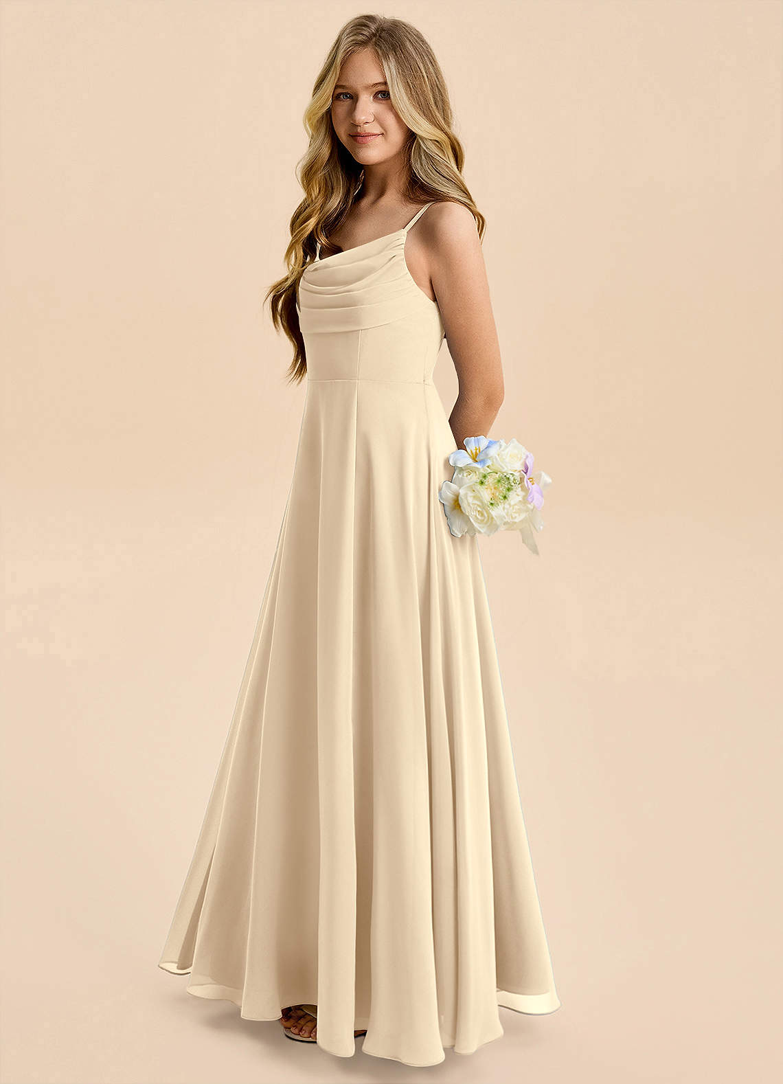 champagne jr bridesmaid dress Azazie Gia Junior Length:Semi Tall size_1 line Fabric Black Warehouse Satin Halter
