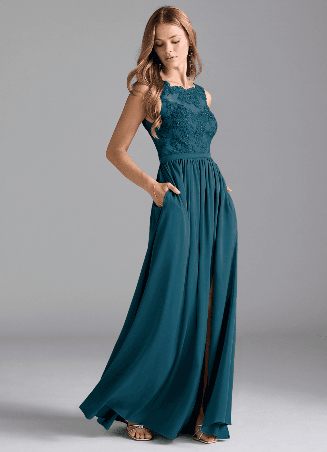 Azazie Elly Bridesmaid Dresses Ink Blue A-Line Lace Stretch Satin Dress image1