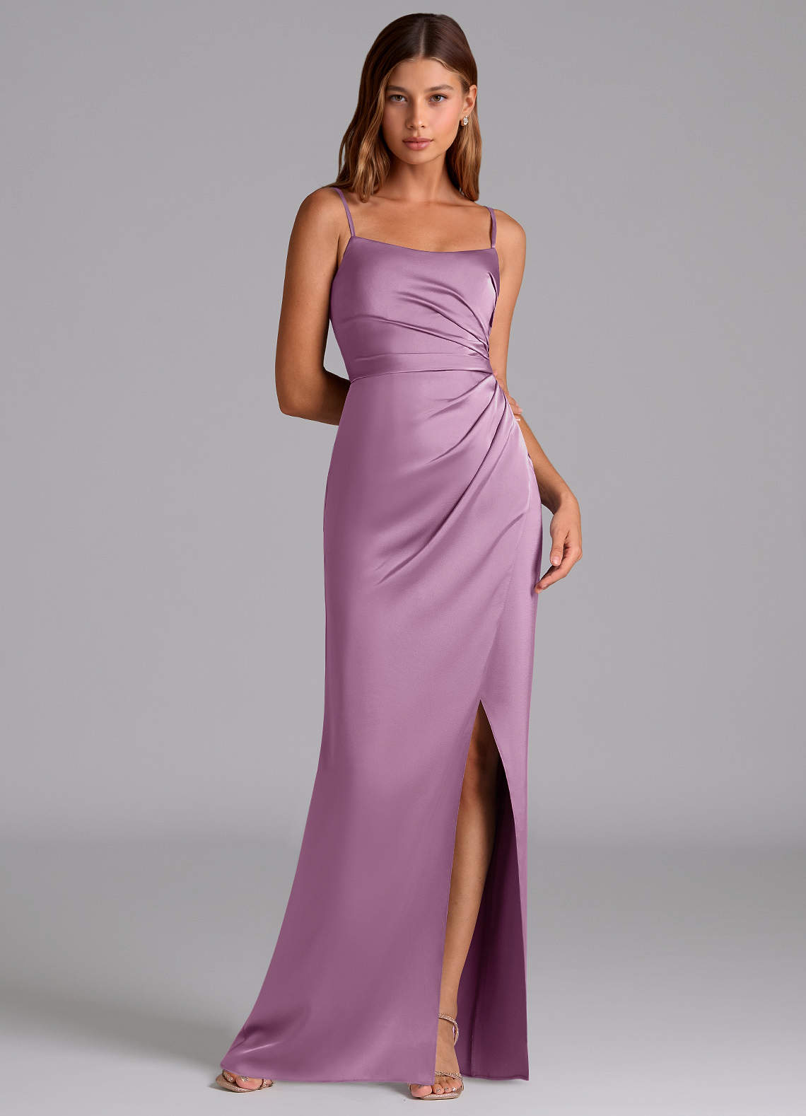 Azazie Calandra Suknie dla druhen Linia A Pofałdowany Satyna elastyczna Do ziemi Sukienka image1