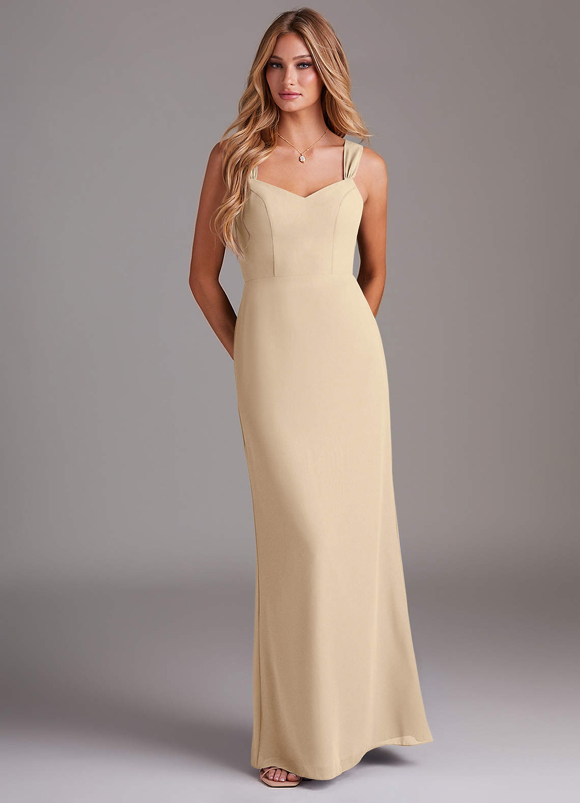 Azazie Denice Bridesmaid Dresses Champagne Sheath Pleated Chiffon Dress image1