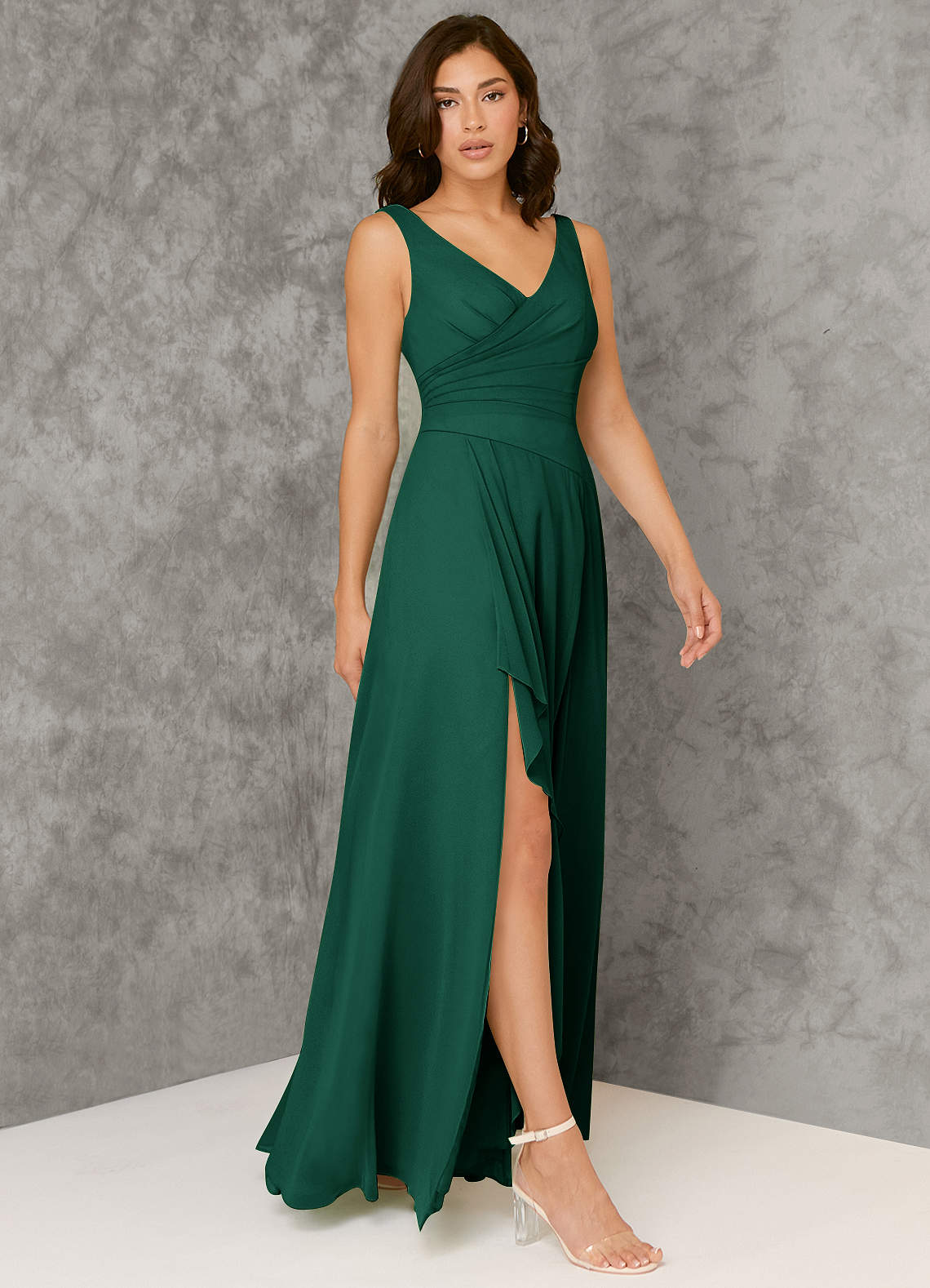 Azazie Kori Bridesmaid Dresses Emerald A-Line Pleated Chiffon Dress image1