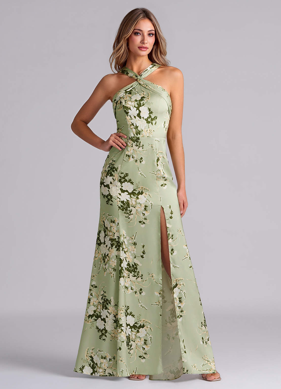 Azazie Rue Vestidos de damas de honor Vestido de Enredaderas Florales de Satén Elástico de Corte Sirena con Plisado image1