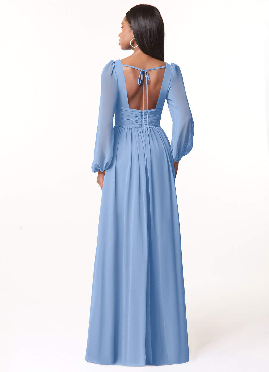 Azazie Norah Bridesmaid Dresses Steel Blue A-Line V-Neck Long Sleeve Chiffon Dress image1