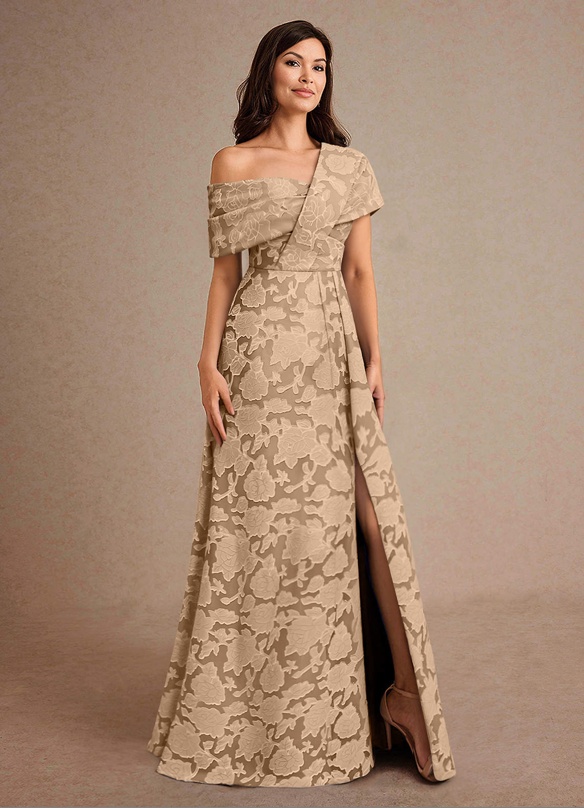Azazie Milton Mother of the Bride Dresses Champagne A-Line Pleated Floral Burnout Dress image4
