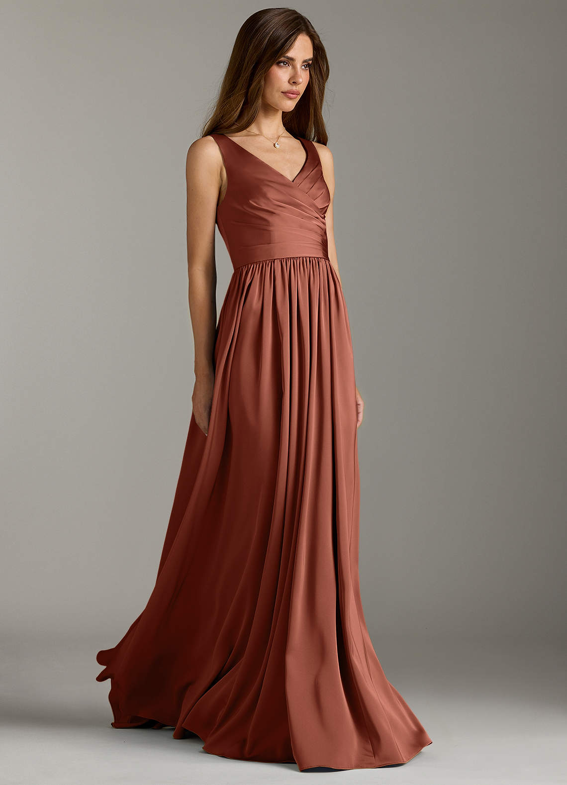 Azazie Keyla Bridesmaid Dresses Clay A-Line Pleated Stretch Satin Dress image1