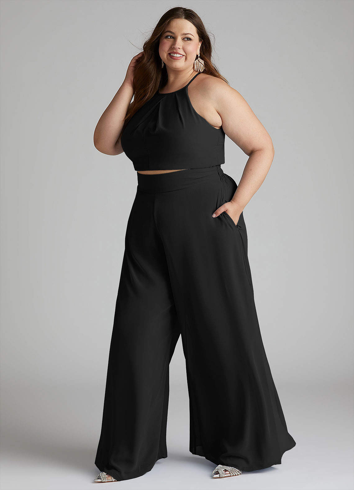 Azazie Kenzi Bridesmaid Dresses Black Pleated Chiffon Jumpsuit image1