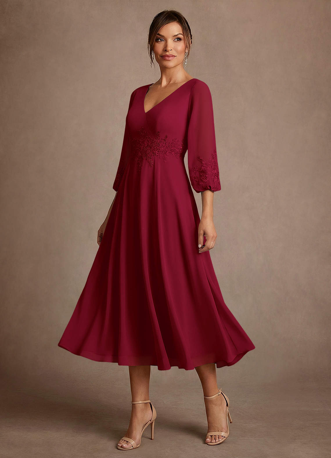 Azazie Ana Vestidos para mãe da noiva Vestido Borgonha de Chiffon de Linha A com Renda image3