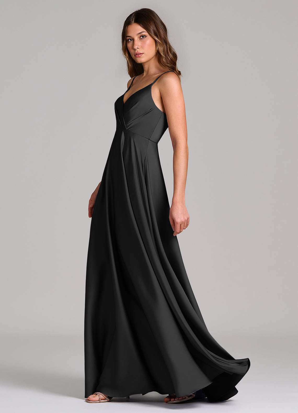 Azazie A-Line V-Neck Floor-Length Stretch Satin Bridesmaid Dresses