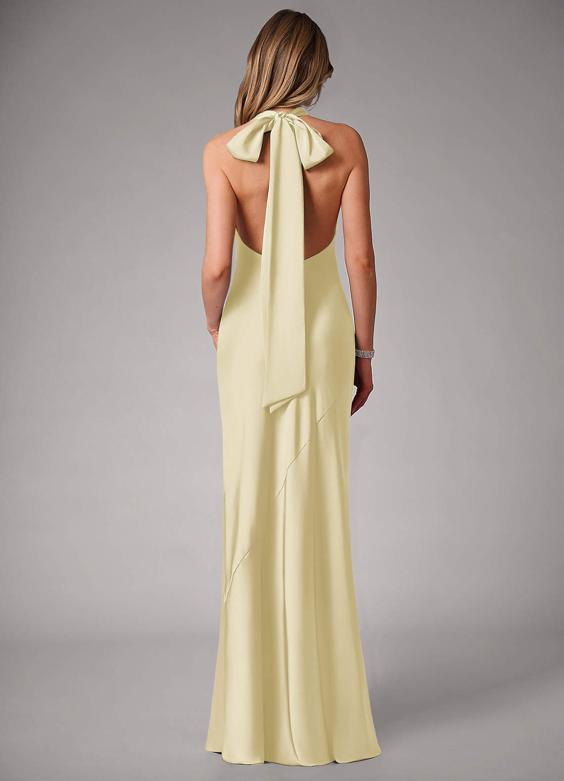 Azazie Velli Bridesmaid Dresses Lemon Sorbet Mermaid High Neck Stretch Satin Dress image4