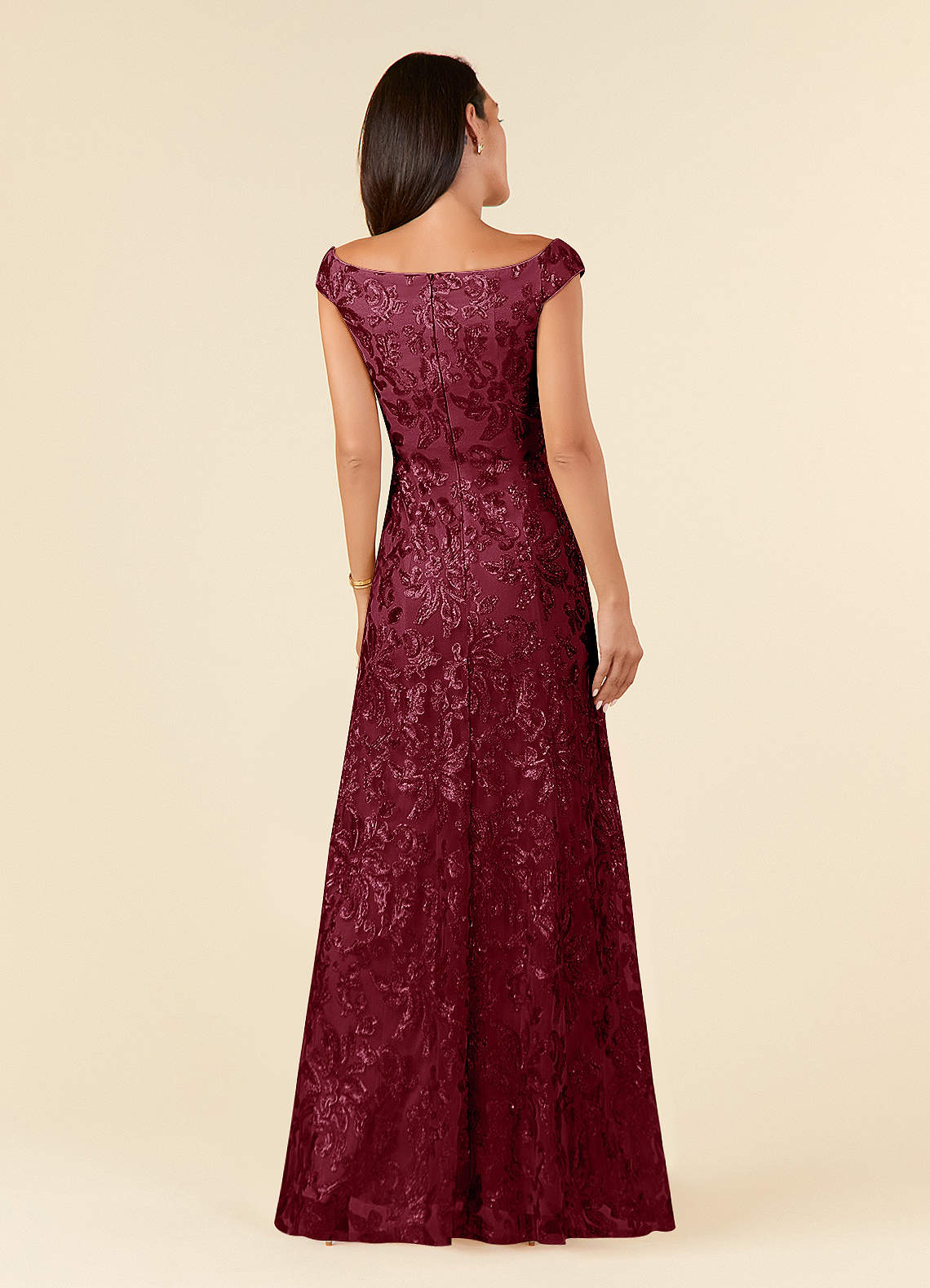 Azazie Porcelain Mother of the Bride Dresses Burgundy A-Line Off the Shoulder Lace Dress image3