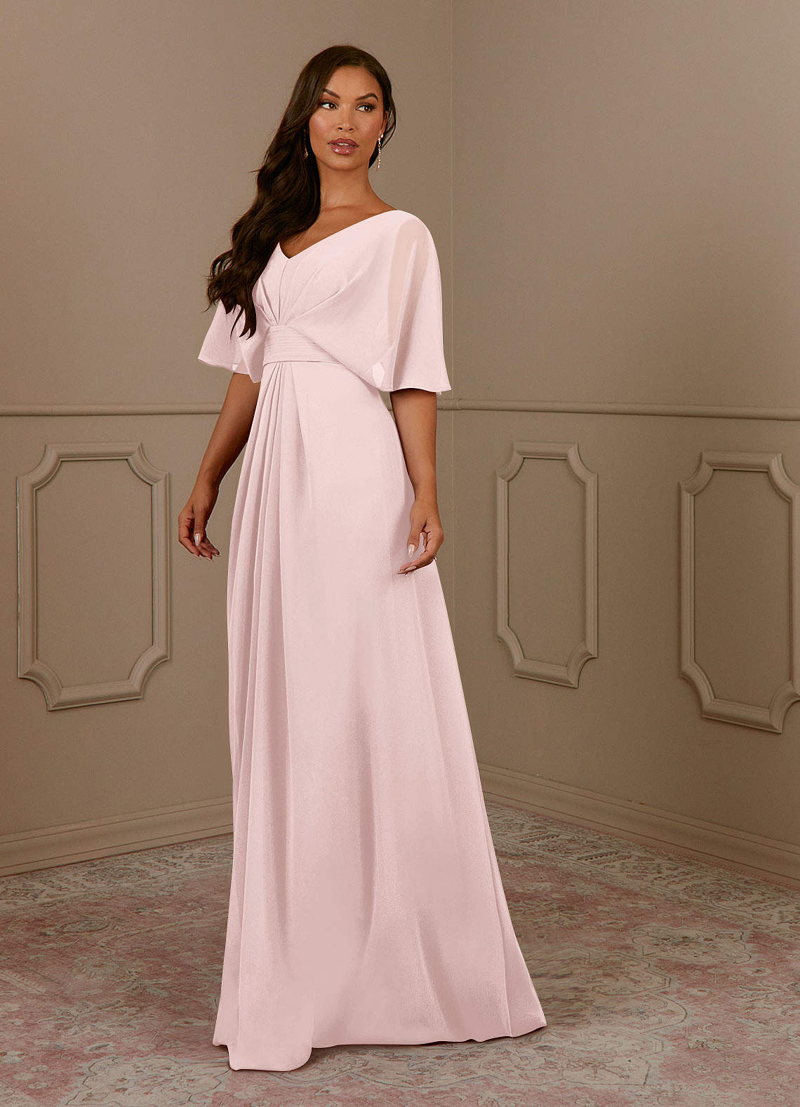 Azazie Oksana Blushing Pink A-Line V-Neck Pleated Chiffon Dress