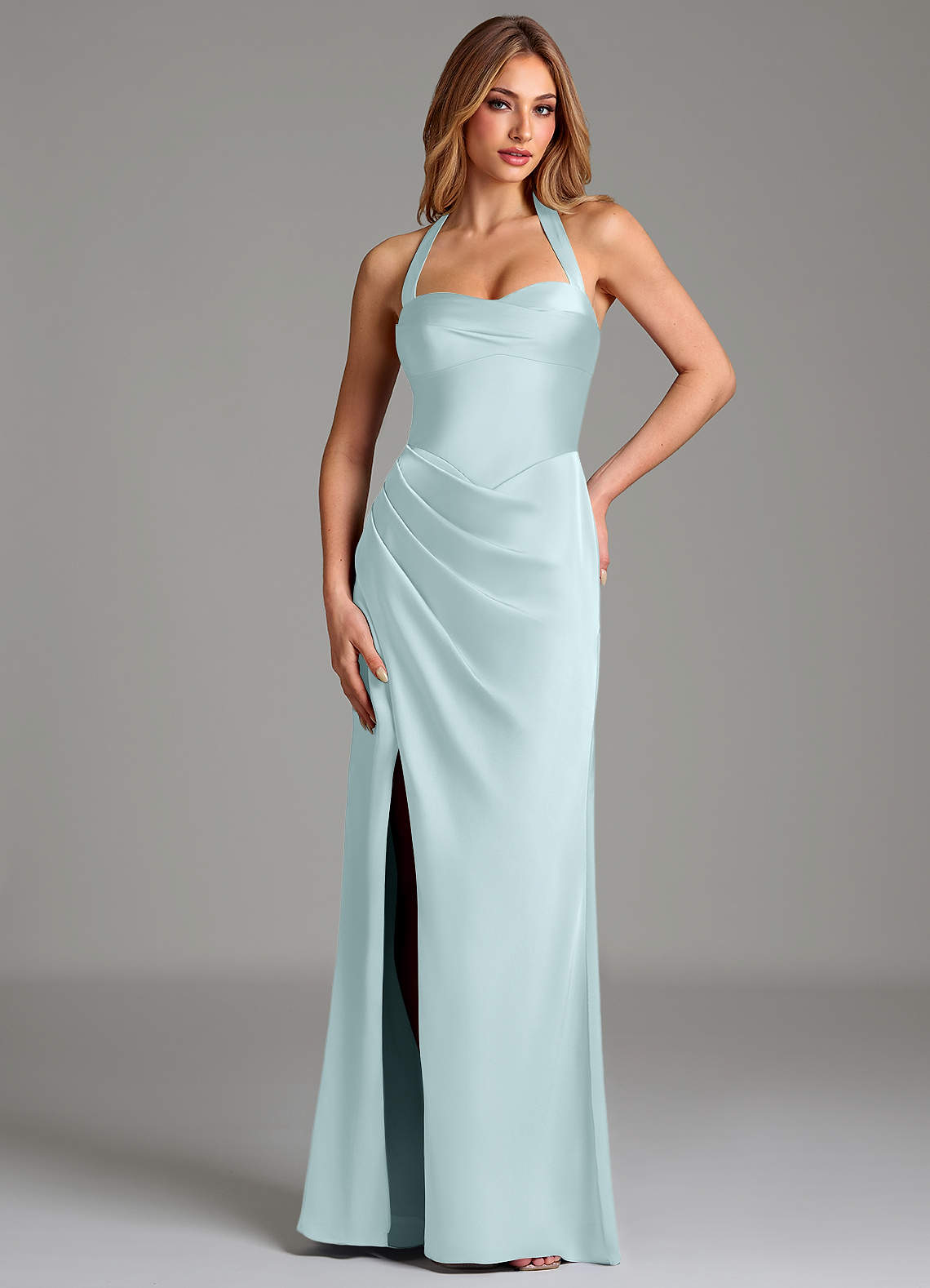 sea glass satin dress Azazie Agustina