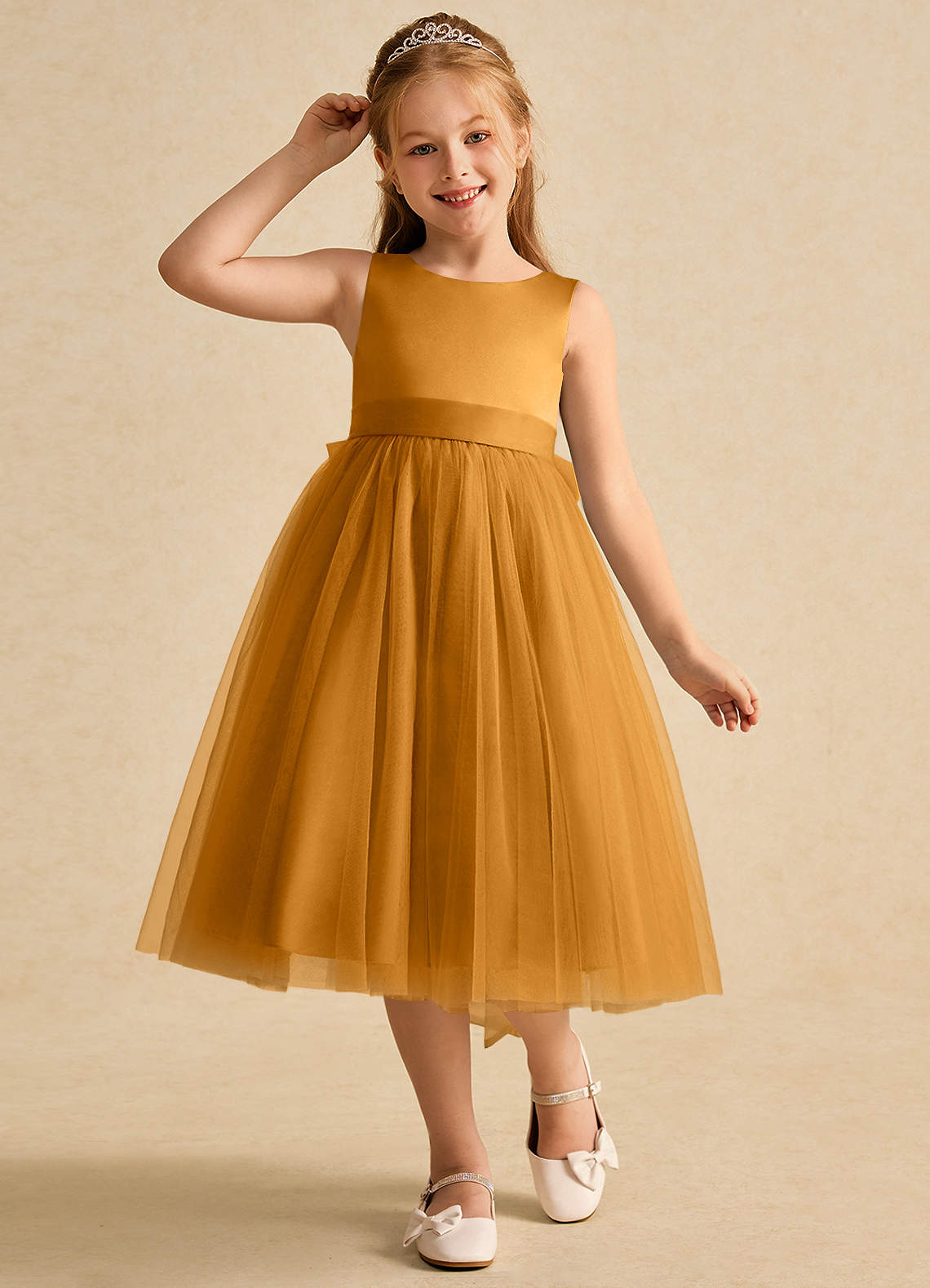 Azazie Winnie Robe Demoiselle D'honneur Fillette Robe Princesse en Tulle Arc Caramel écossais image3