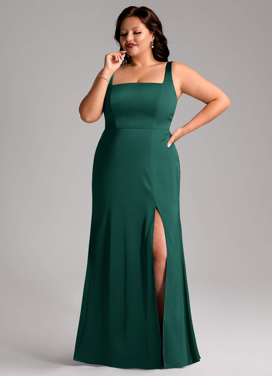 Azazie In-Stock Bridesmaid Dresses A-Line Square Neck Floor-Length Stretch Satin - Emerald