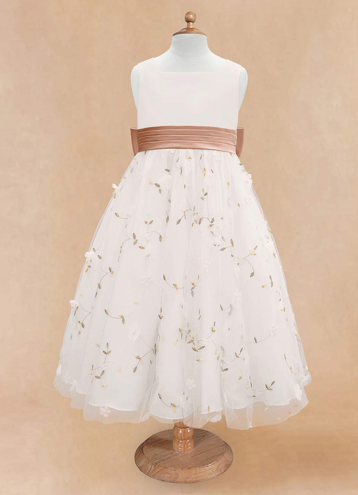 Azazie Pollie Flower Girl Dresses Ivory Champagne Rose A-Line Bow Tulle Dress image10