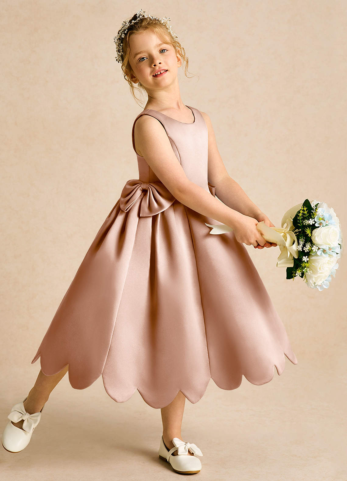Azazie Macaroon Flower Girl Dresses Champagne Rose Ball-Gown Bow Matte Satin Dress image1