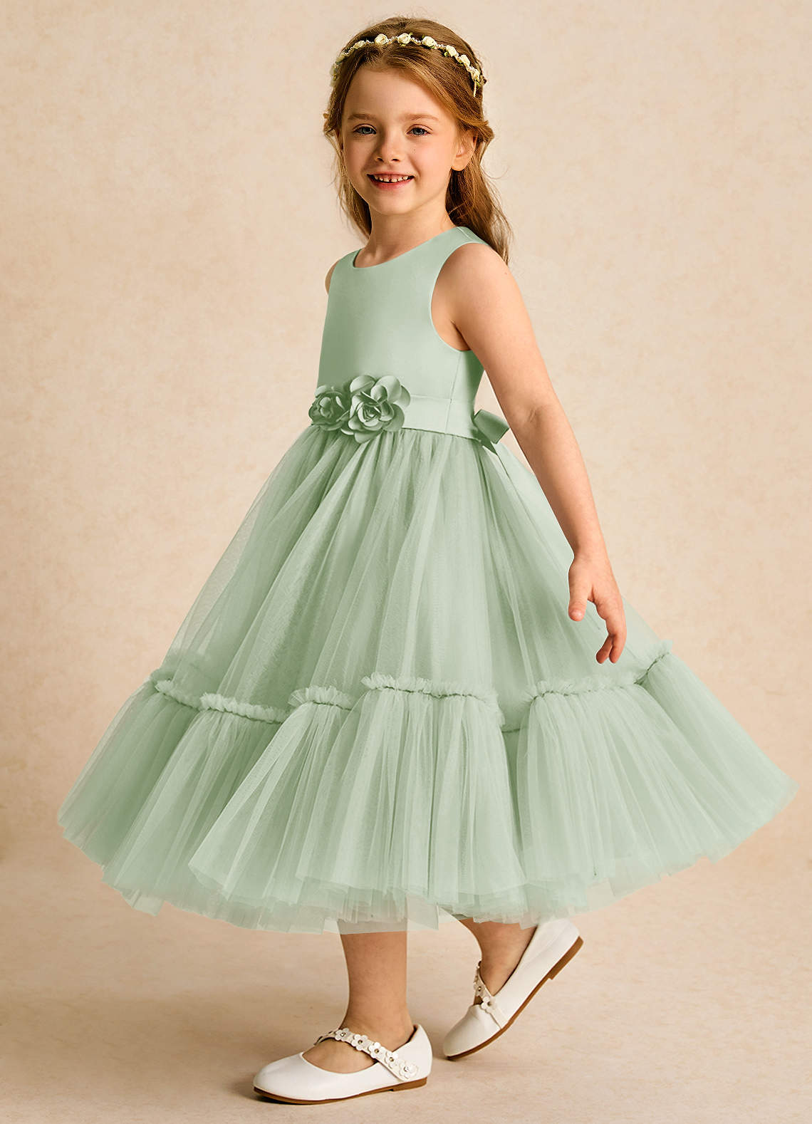 Azazie Miracle Flower Girl Dresses Dusty Sage A-Line Bow Matte Satin Dress image2