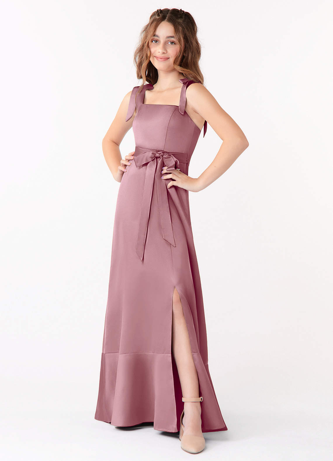 Azazie Barbara Junior Vintage Mauve A-Line Bow Stretch Satin Dress image1