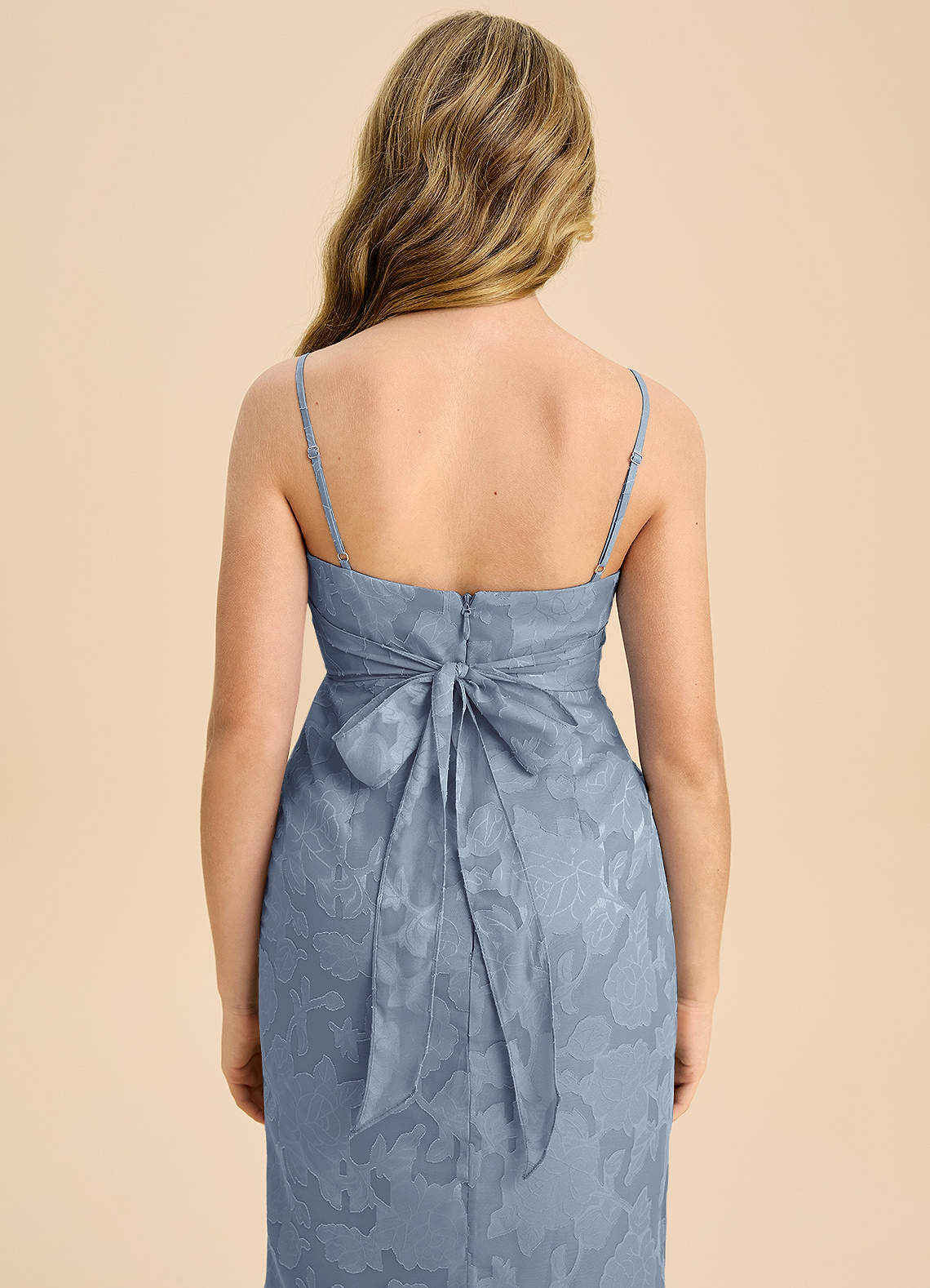 Azazie Mai Junior Dusty Blue Sheath Pleated Floral Burnout Dress image6