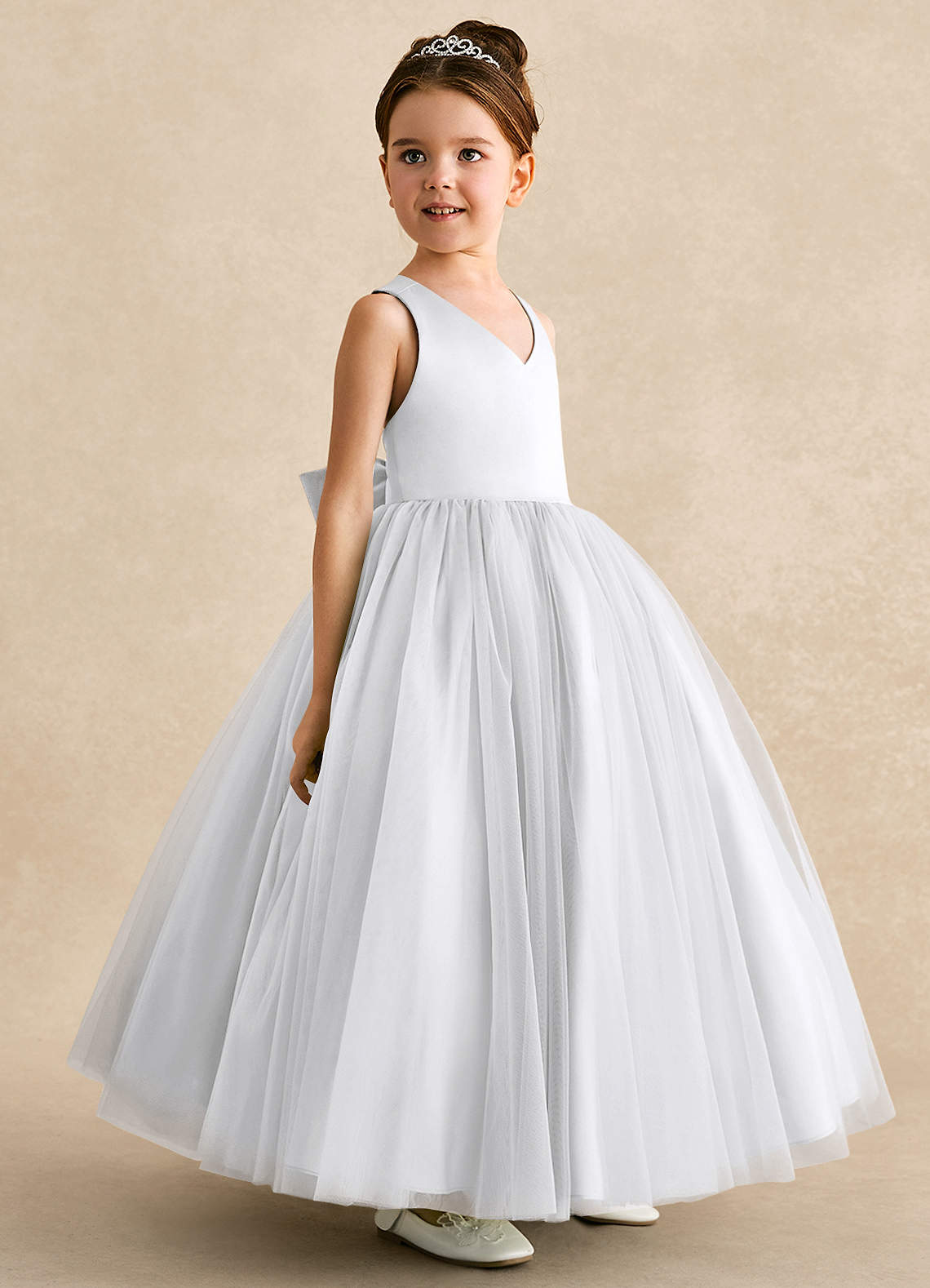 Azazie Peanut Flower Girl Dresses White A-Line Strap Tulle Dress image1