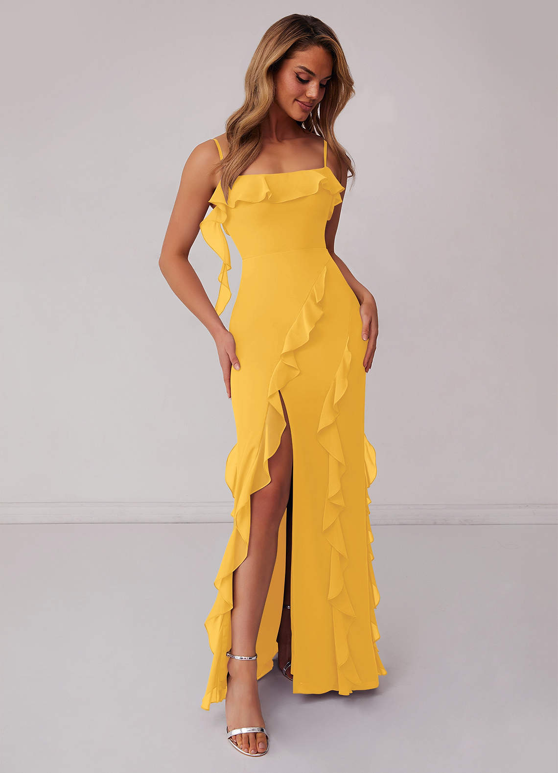 Long Sleeves Mermaid Chiffon Gown with Slit Marigold main image 1