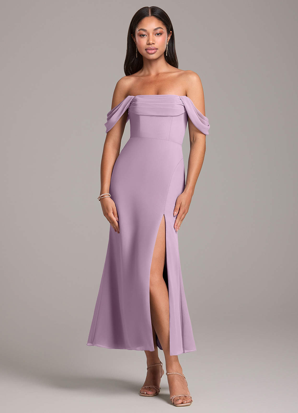 Azazie Saige Bridesmaid Dresses Wisteria Sheath Off the Shoulder Chiffon Convertible Dress image1