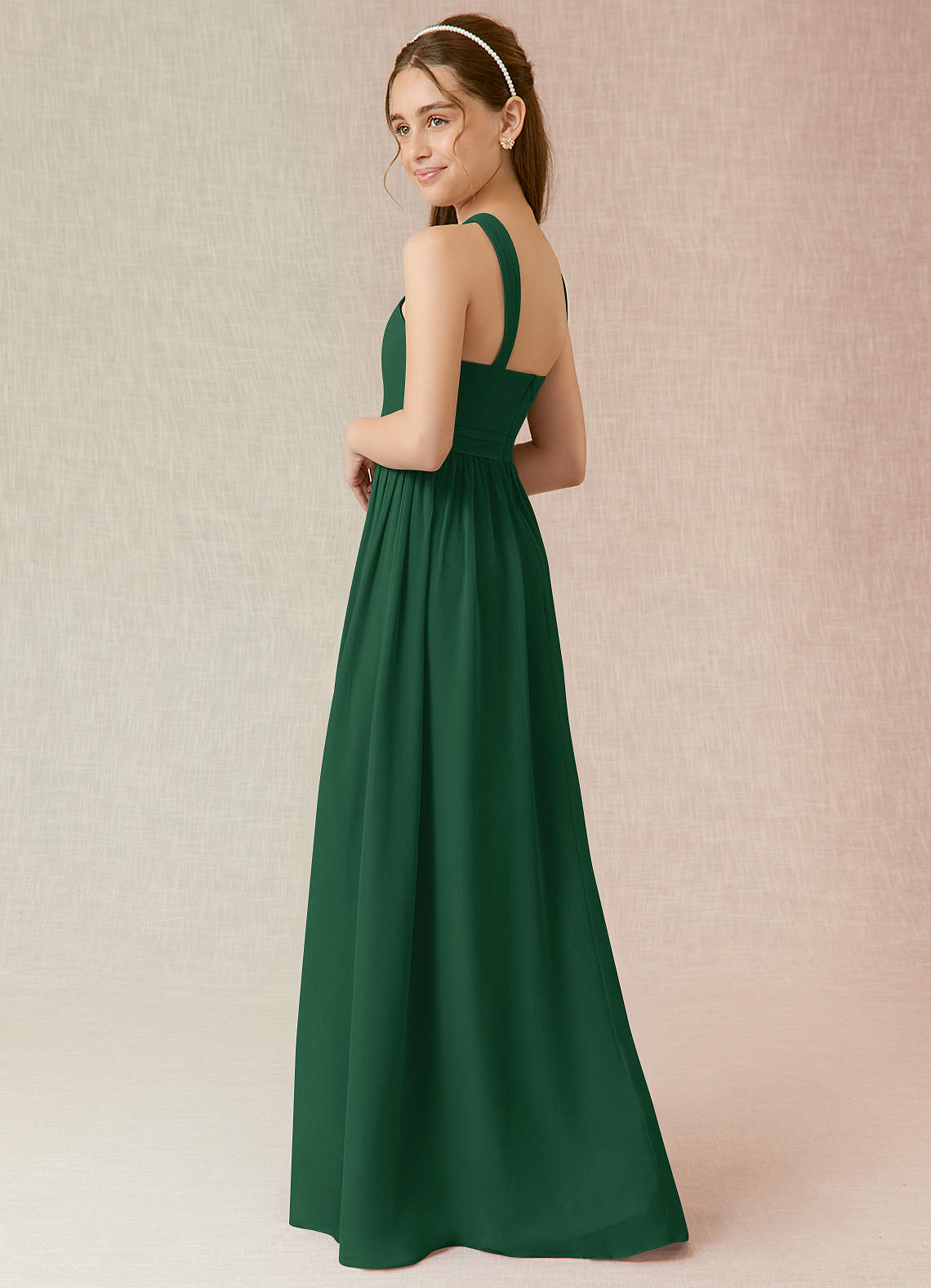 Azazie Jiya Junior Dark Green A-Line Pleated Chiffon Dress image2