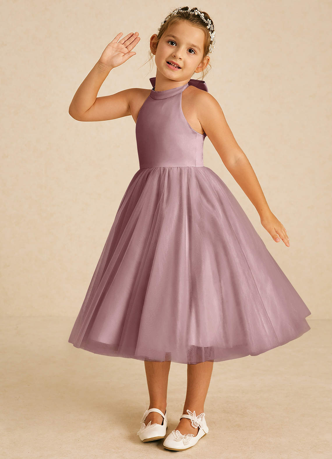 Azazie Dora Dusty Rose A-Line Bow Tulle Dress | Azazie Azazie Dora Dusty Rose A-Line Bow Tulle Dress | Azazie
