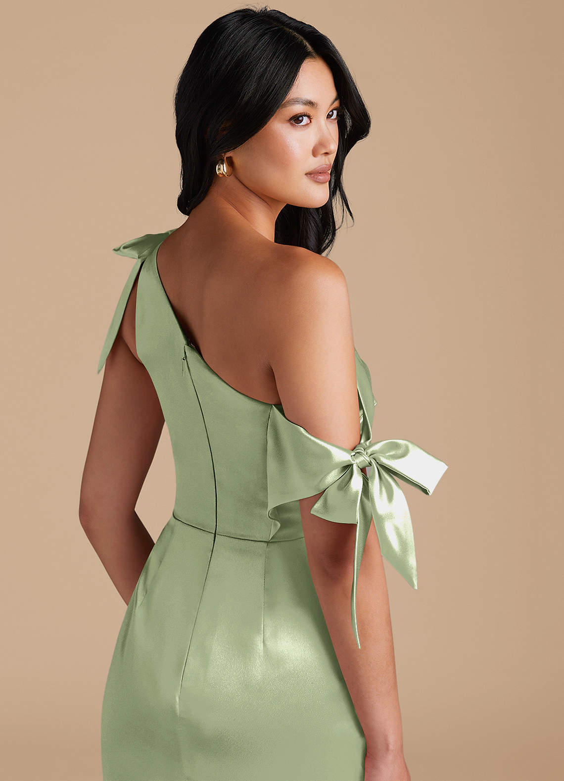 Azazie Xyla Bridesmaid Dresses Dusty Sage Sheath Off the Shoulder Metallic Satin Convertible Dress image2