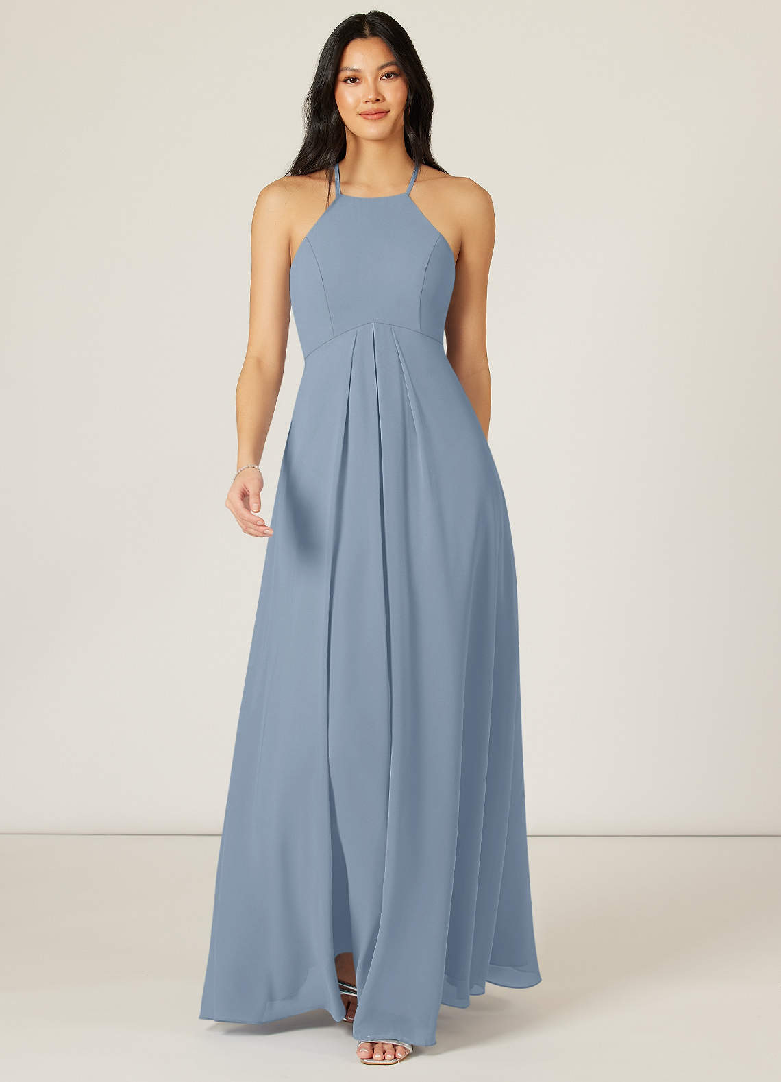 Azazie Sarah Bridesmaid Dresses Dusty Blue Empire Pleated Chiffon Dress image1