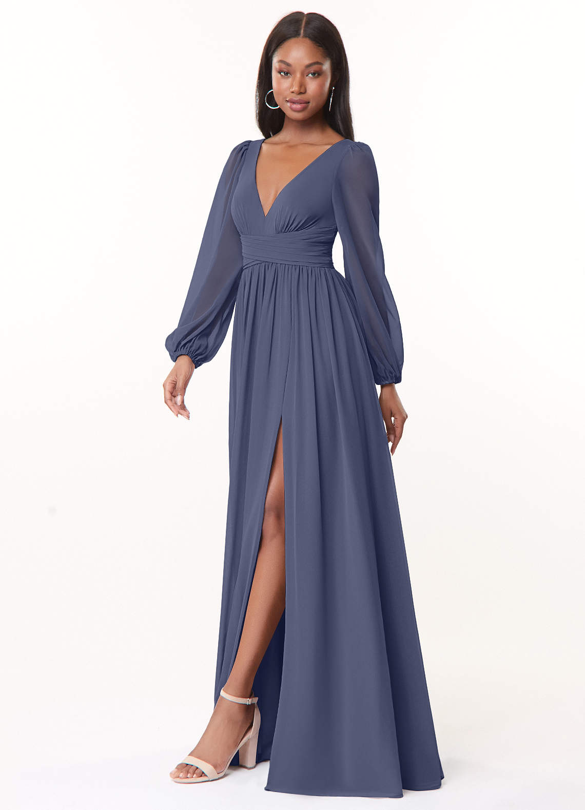 Azazie Norah Bridesmaid Dresses Stormy A-Line V-Neck Long Sleeve Chiffon Dress image3