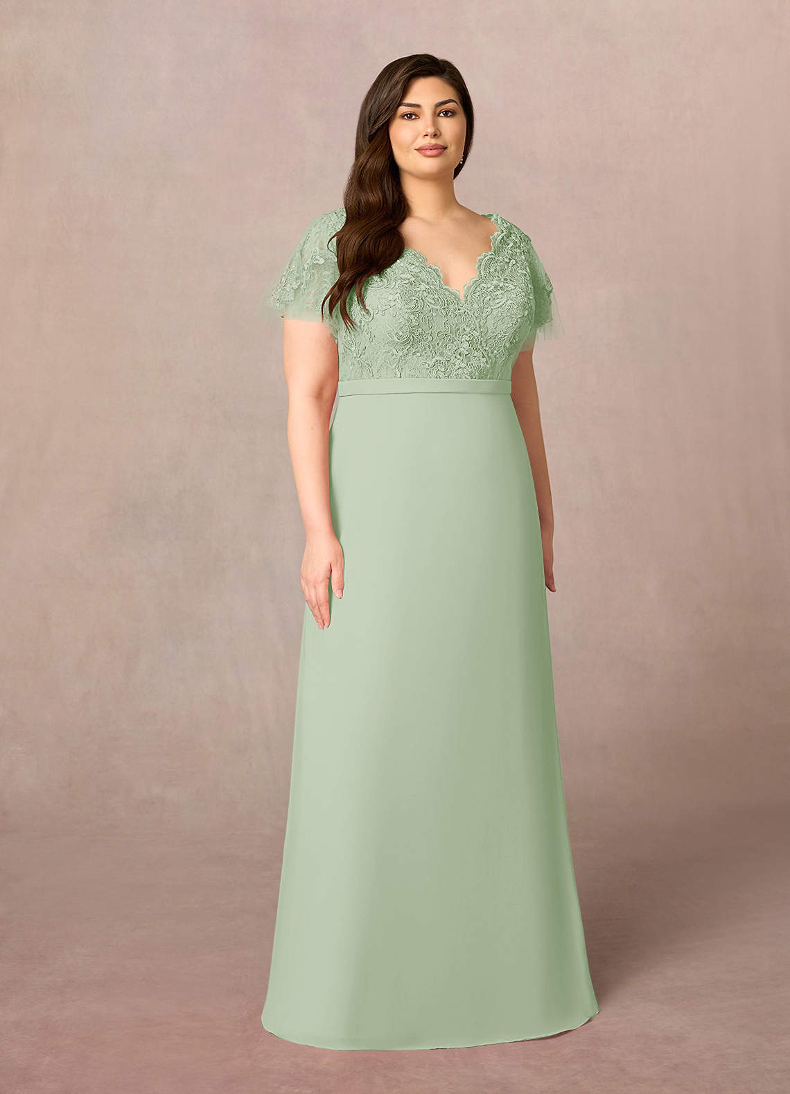 Azazie Singer Mother of the Bride Dresses Dusty Sage A-Line V-Neck Lace Chiffon Dress image1