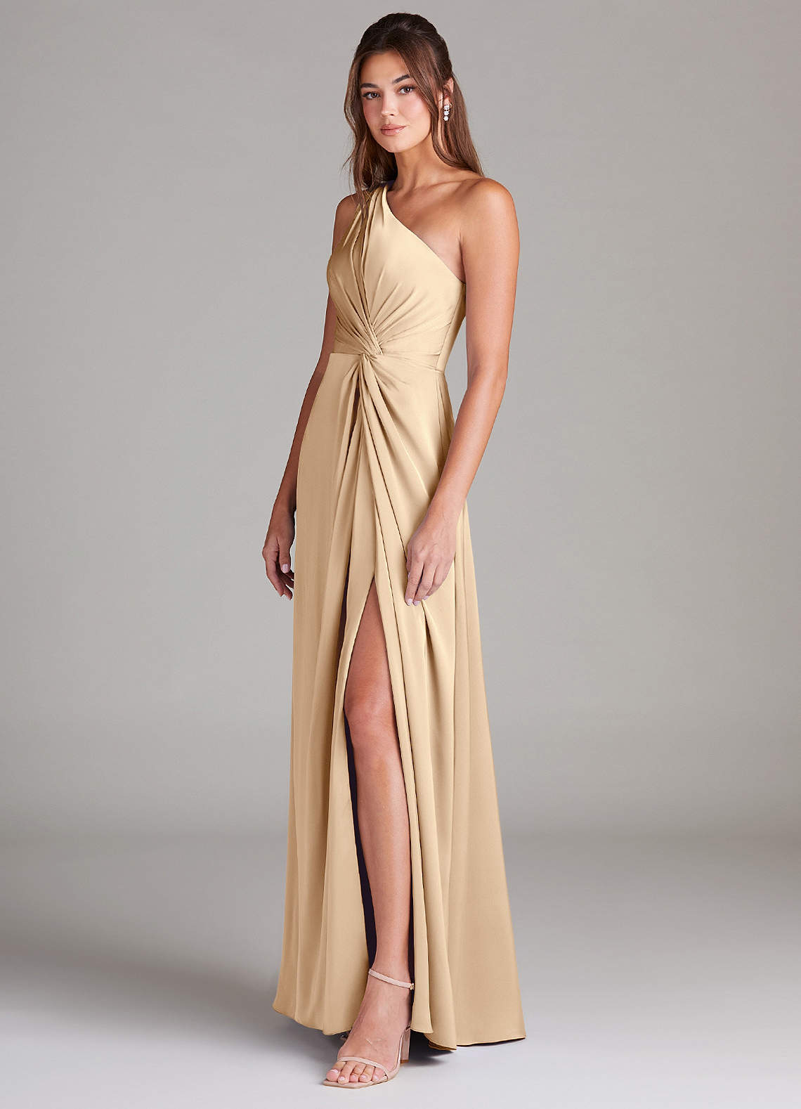 Azazie Brooke Bridesmaid Dresses Champagne A-Line One Shoulder Stretch Satin Dress image4