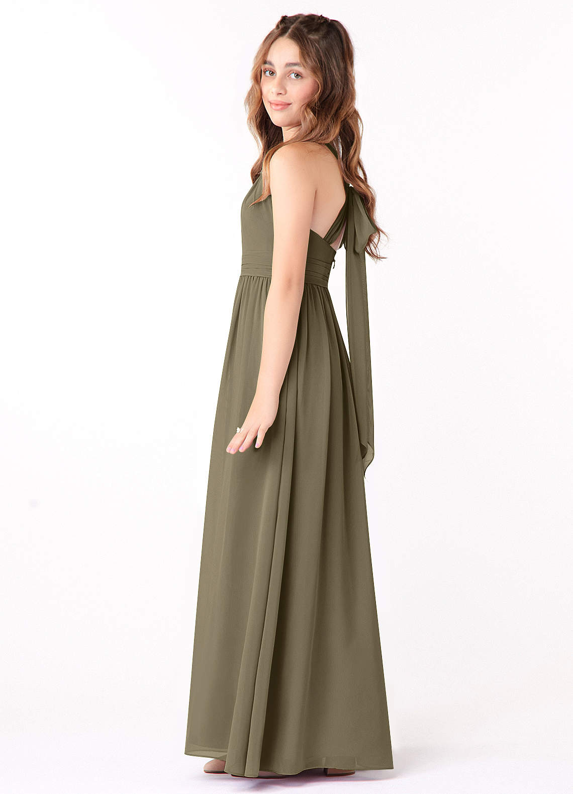 Azazie Jaylah Junior Willow Green A-Line Ruched Chiffon Dress image1