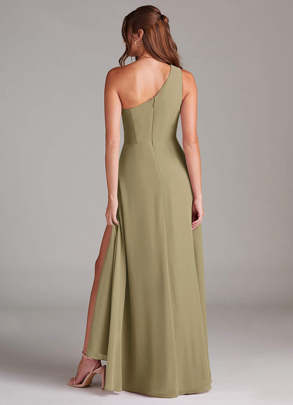 Azazie Brooke Vestidos de madrinha de casamento Vestido Musgo Verde de Chiffon de Linha A com Um ombro image6