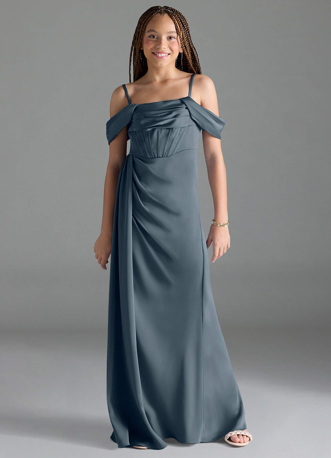 Azazie Amyra Junior Twilight Sheath Off the Shoulder Stretch Satin Dress image1