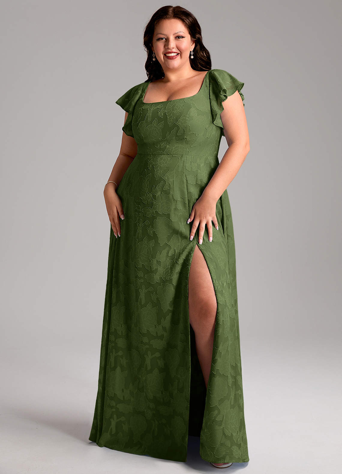 Azazie Bondi Vestidos de damas de honor Vestido de Oliva de Devorado Floral de Corte en A con Corte Lateral image1