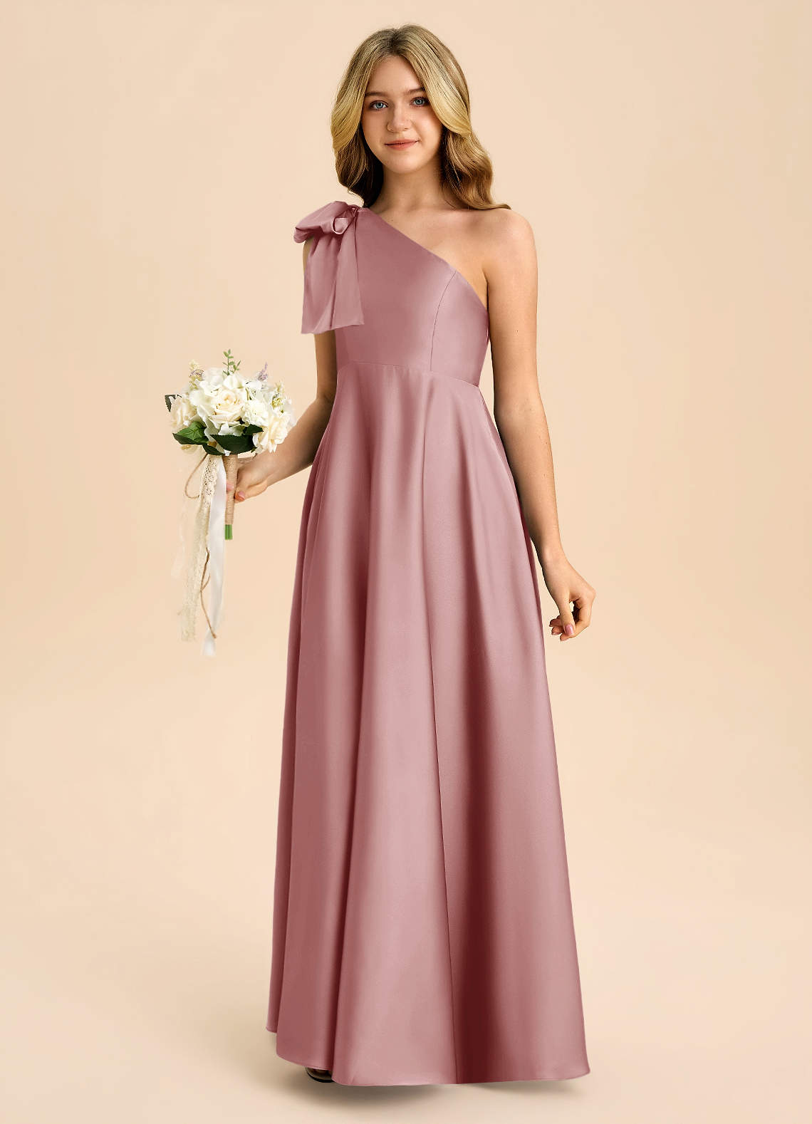 dusty pink junior bridesmaid dress Azazie A-Line/Princess Square Neck Floor-Length Floral Burnout Junior Bridesmaid Dresses