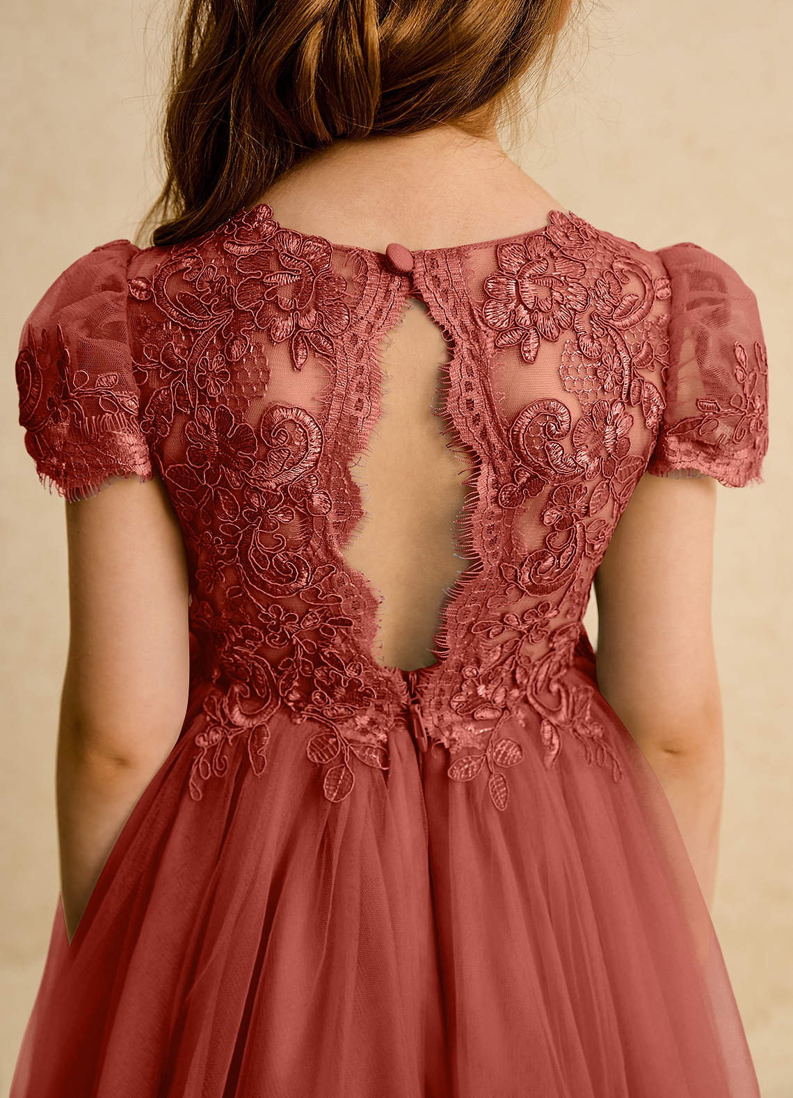 Azazie Puff Robe Demoiselle D'honneur Fillette Robe Princesse en Tulle Dentelle Terracotta image7