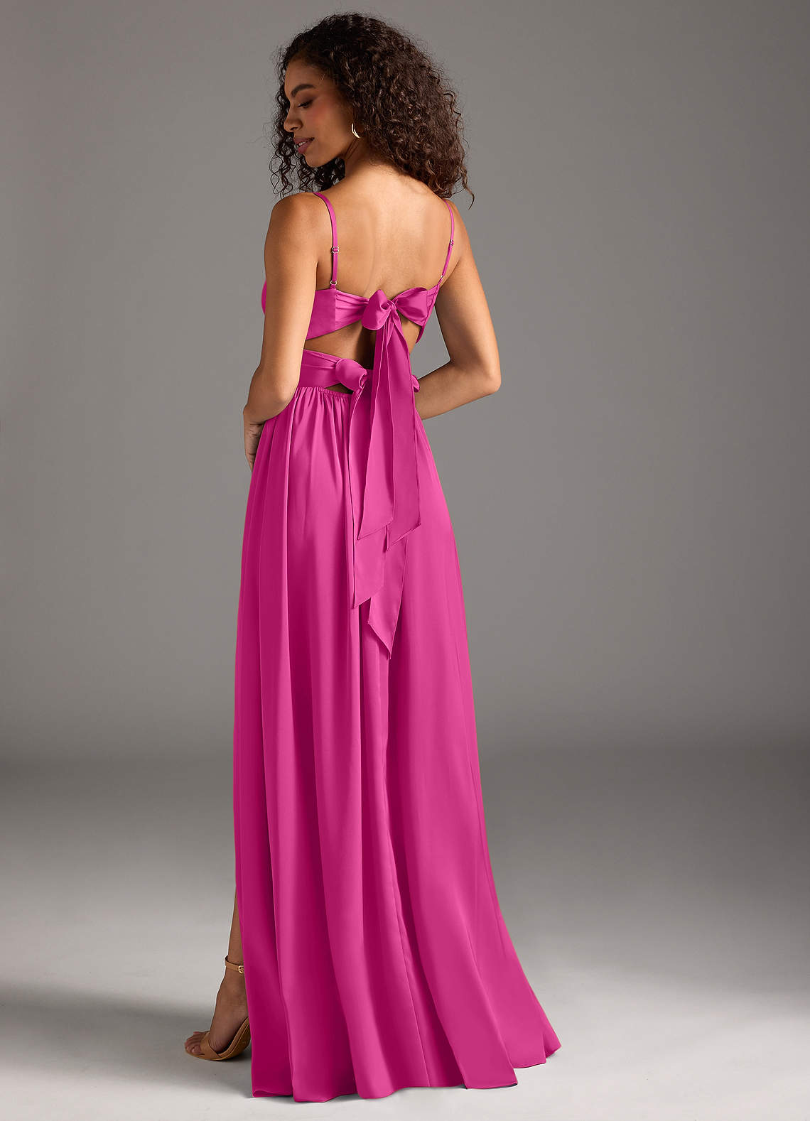 fuchsia satin dress Elegant Fuchsia Satin Gown With Puff Sleeves
