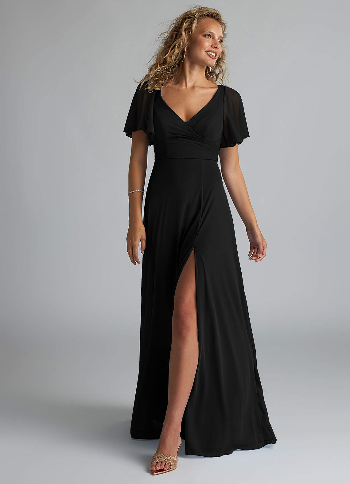 Azazie Induh Bridesmaid Dresses Black A-Line Flutter V-neck Mesh Dress image1