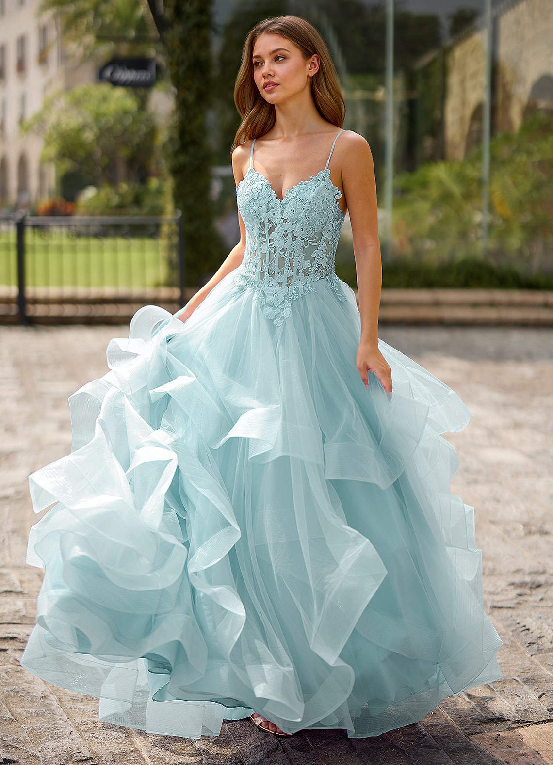 Spitze Blue Sheer Lace Prom Dress | Azazie CA