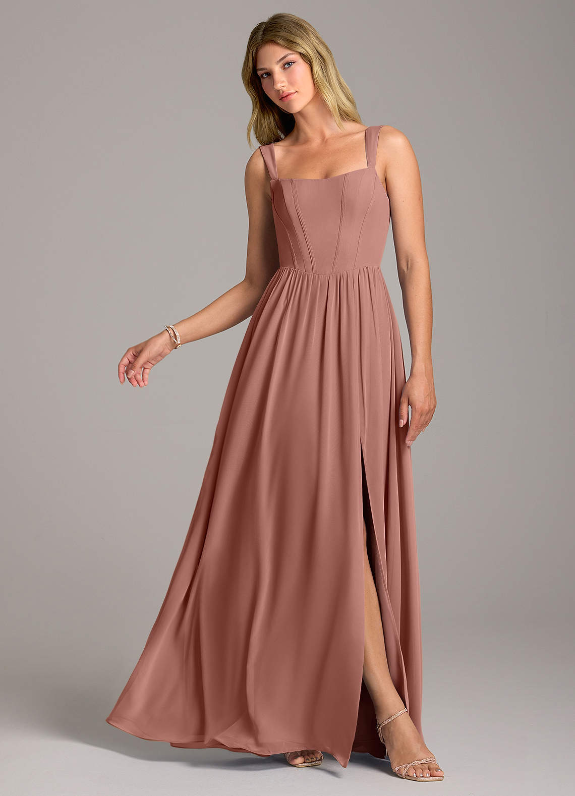 Azazie Rosaline Bridesmaid Dresses Cedar Rose A-Line Side Slit Chiffon Dress image1