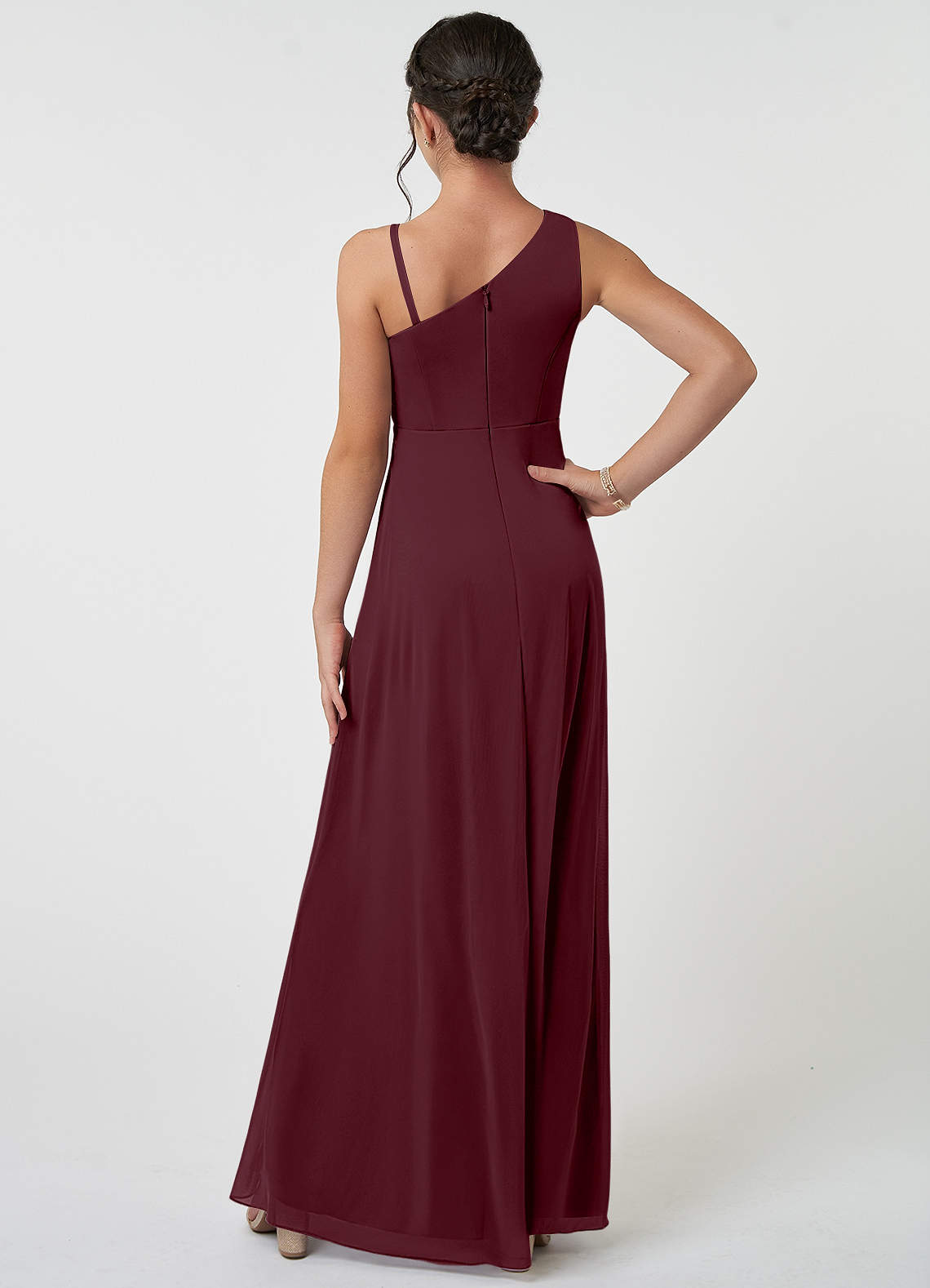 Azazie Brooke Junior Cabernet A-Line Pleated Mesh Dress image1