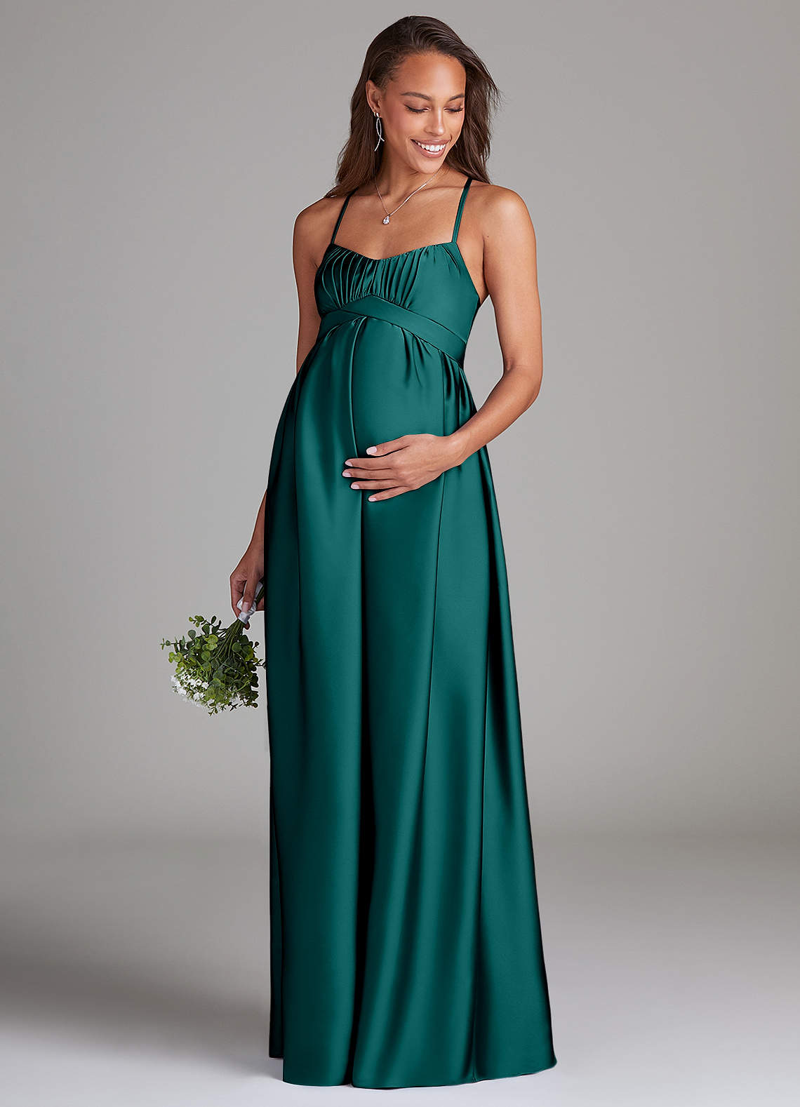 Azazie Llana Maternity Bridesmaid Dresses A-Line Stretch Satin Floor-Length Dress with Pockets image1