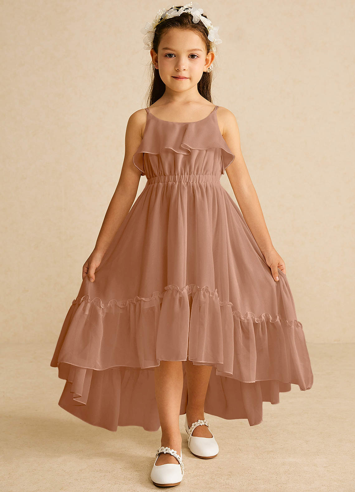 Azazie Karmen Blumenmädchenkleider A-Linie Gestreift Chiffon Kleid Champagner Rosa image1