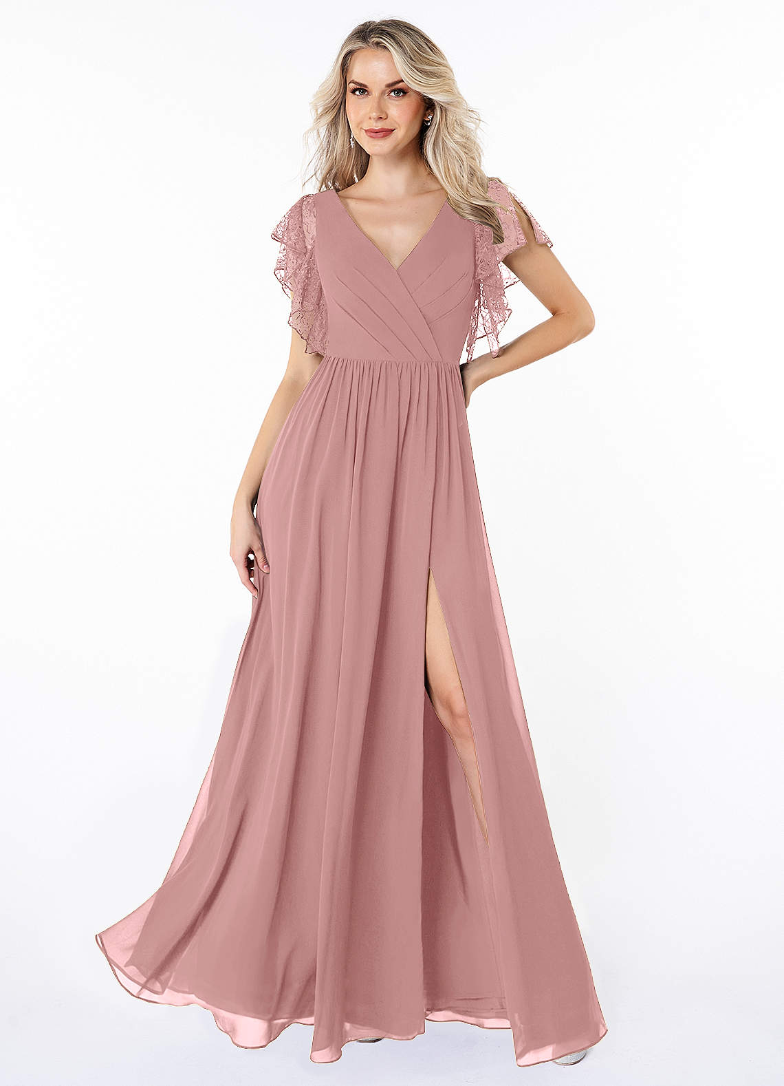 Azazie Zella Bridesmaid Dresses Dusty Rose A-Line Lace Chiffon Dress image1